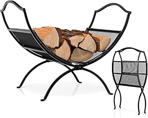 Goplus 19” Folding Firewood Rack, Outdoor Portable Fireplace Log Rack w/Convenient Handle, Heavy-Duty Steel Frame, Indoor Compact Firewood Storage Holder, Perfect for Fireplace, Firepit, Black