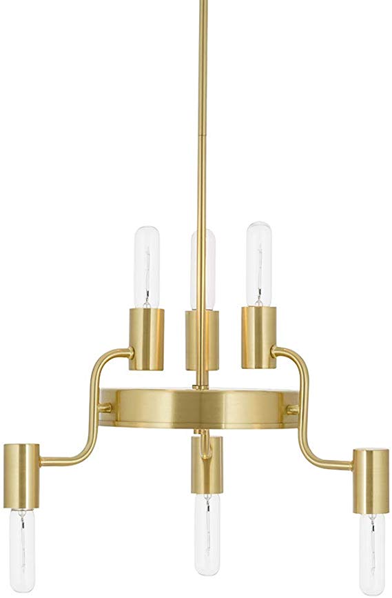 Rivet Tubular Pendant Chandelier, Modern 6-Light Brass and Glass, with Bulb, 18.13"H, Satin Brass