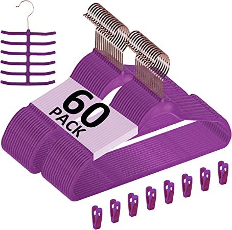 VECELO Premium Velvet Clothes Hangers Suit Heavy Duty (60 Pack)-Non Slip & Space-Saving with 8 Finger Clips & Tie Rack Excellent for Men and Women,Purple