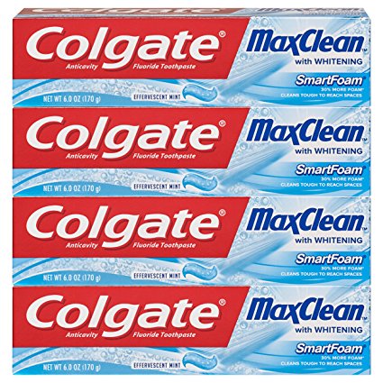 Colgate Max Clean Effervescent Mint with Whitening Foaming Toothpaste, 6 Ounce, 4 Count