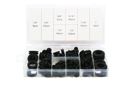 ABN 180 Piece SAE Rubber Grommet Assortment 7/8”, 5/8”, 5/16”, 7/16”, 3/8”, ¼”, ½”, and 1 Inch Sizes