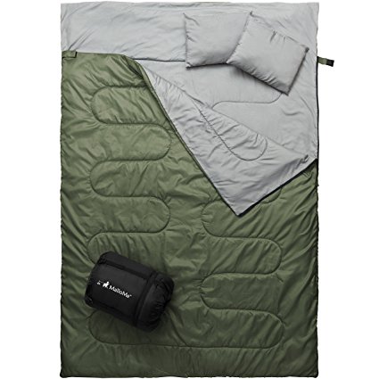 MalloMe Double Camping Sleeping Bag - 3 Season Warm & Cool Weather - Summer, Spring, Fall, Lightweight, Waterproof For Adults & Kids - Camping Gear Equipment, Traveling, and Outdoors - 2 Free Pillows!