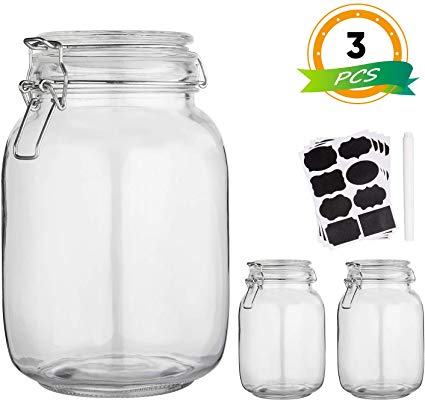 Glass Kitchen Storage Canister Mason Jars with Lids,50oz Airtight Glass Canister with Hinged Lid，Perfect for Kitchen Canning Cereal,Pasta,Sugar,Beans (Labels & Chalk Marker)-Set of 3