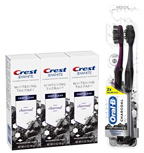 Crest 3d White Whitening Therapy Charcoal Deep Clean Fluoride Toothpaste Triple Pack and Oral-B Charcoal Whitening Therapy Toothbrush, Medium, Twin Pack