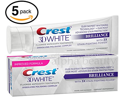 Crest Toothpaste 3D White Brilliance: Vibrant Peppermint Toothpaste 4.1 oz (5-Pack (4.1oz Each Tube), 3D White Brilliance: Vibrant Peppermint)