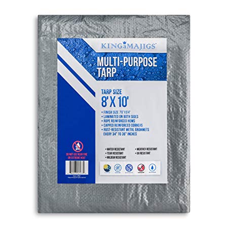 8x10 Waterproof Tarp - 5.5 Mil - Lightweight All-Purpose Plastic Poly Tarp With Metal Grommets - Backpacking, Outdoor Cover and Camping Use - Blue and Silver (8 Feet. x 10 Feet)