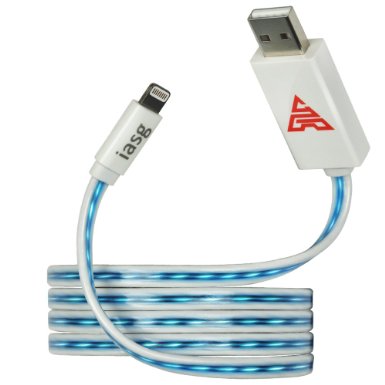 MFi Certified iasg 33feet1meter Visible Blue Flowing LED Light up charging cable Lightning to USB Cable Flat 8-Pin Data Sync Cable for iPhone iPad iPod Blue Light