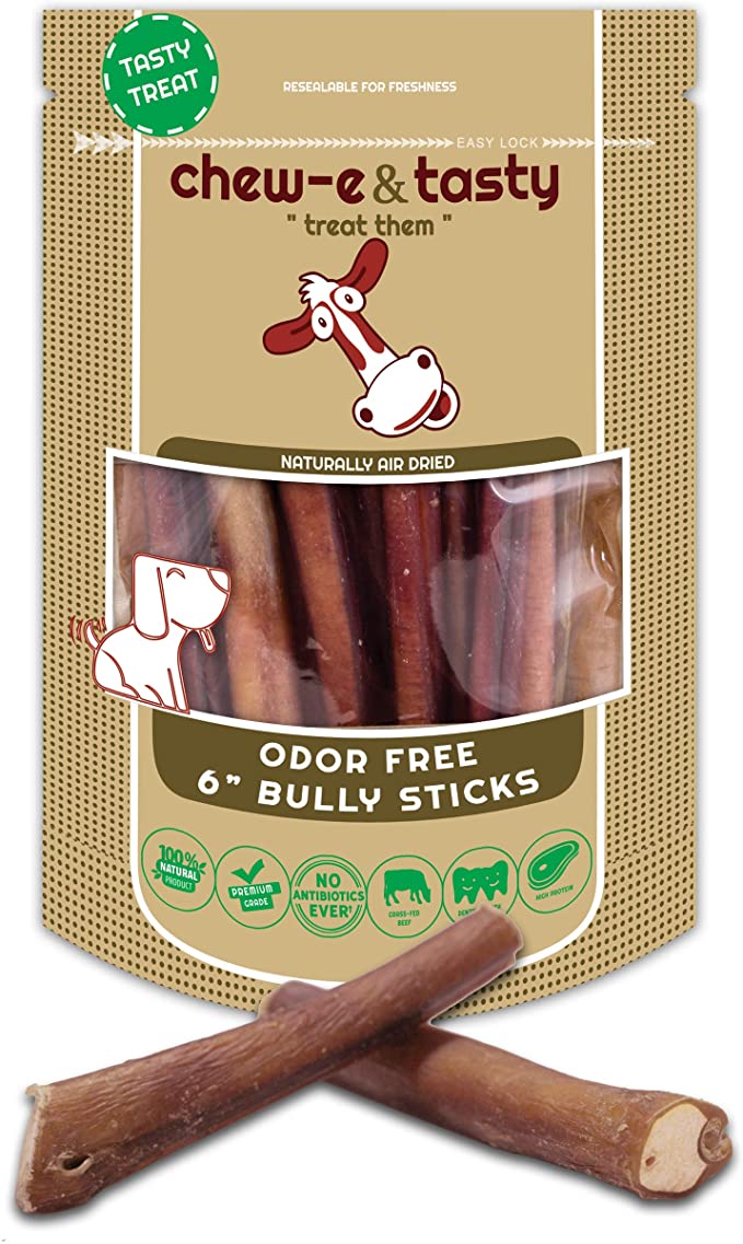 Chew-e & Tasty Premium Grade Bully Sticks Dog Treats Single Ingredient & Long Lasting High Protein 100% All Natural Free-Range Odor Free Grass-Fed Dental Beef Dog Chews