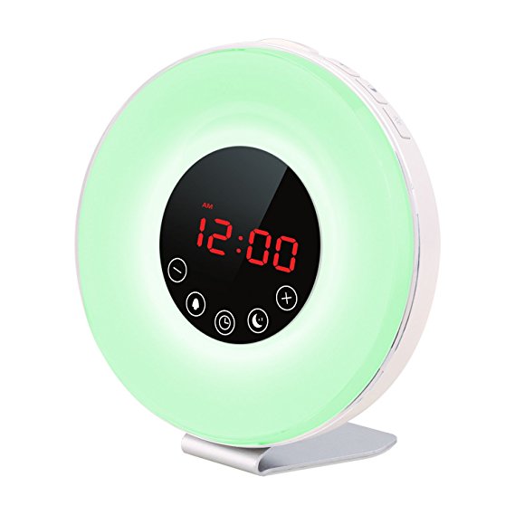 Porseme Sunrise Alarm Clock, Wake Up Light Digital Alarm Clock With Sunrise/Sunset Simulator,7 Colors Night Light, Nature Sounds and FM Radio, Touch Control and Snooze Function For Heavy Sleepers