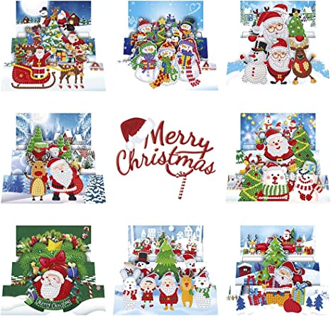 DIY Christmas Card with Diamond Painting Kits by Numbers 8 Pack Christmas Tree Santa Claus New Year Greeting Card Christmas Stickers Christmas Gifts for Xmas Holiday Friends and Family(Style D)