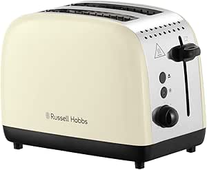 Russell Hobbs 2 Slice Lift & Look Toaster (Longer slots, 6 Browning levels, Defrost/Reheat/Cancel function, Removable Crumb Tray, 1670W, Cream & Stainless Steel Gloss finish) 26551