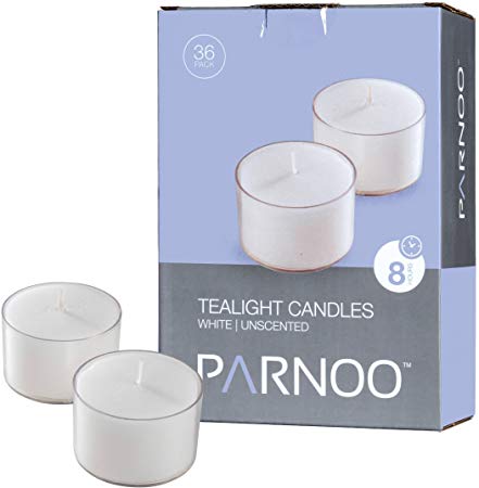 Set of 36 White Tealight Candles with Clear Cup Burn 8 Hour, Unscented, in a Box