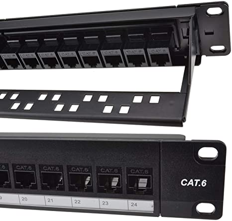Detroit Packing Co. 24 Port CAT6 RJ45 Through Coupler Patch Panel with Back Bar, Wallmount or Rackmount, Compatible with Cat5, Cat5e, Cat6, Cat6A, UTP STP Cabling (CAT6 UnShielded, 24-Port)