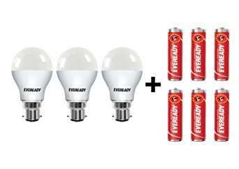 Eveready B22 Base 9-Watt LED Bulb (Pack of 3, Cool Day Light) with 6 1015 AA carbon Zinc Batteries