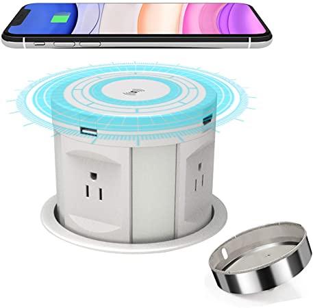 Pop Up Socket Desk Recessed Power Strip, Kitchen Counter Automatic Pop Up Outlet with Phone Wireless Charger Station, Surge Protector Hidden Pop-Up Desktop Power Dock.