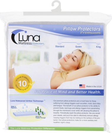 Luna Premium Hypoallergenic Bed Bug Proof Zippered Waterproof Pillow Protector 1 Queen Size - Made In The USA