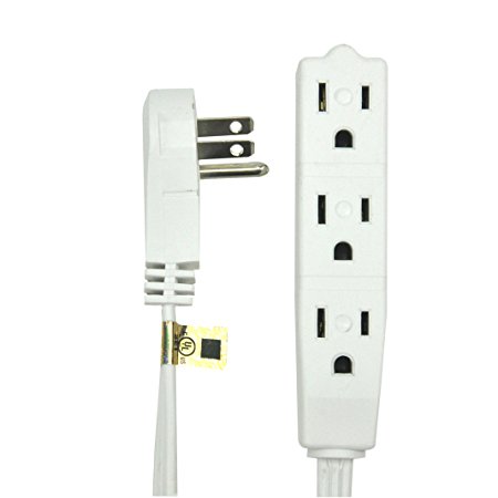 BindMaster 10 Feet Extension Cord / Wire, 3 Prong Grounded, 3 outlets, Angeled Flat Plug , White