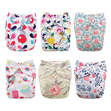 Babygoal Baby Reusable Cloth Diapers,One Size Adjustable Reusable Pocket Nappy for Girl, 6pcs  6pcs Microfiber Inserts One Wet Bag 6FG03