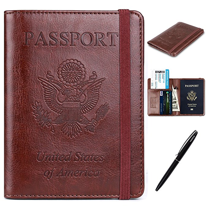 Passport Holder Cover Case - Leather RFID Blocking For Women Men With Bonus Pen