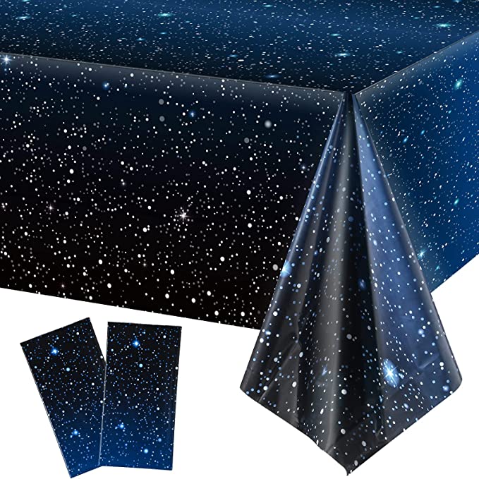 Space Tablecloth Starry Night Tablecloth Decorations Plastic Galaxy Table Cover Space Stars Theme Party Supplies for Birthday Home Decorations, 54 x 108 Inch (2 Pieces)