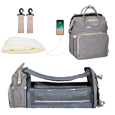 BAIGIO 3 in 1 Diaper Bag Backpack with Travel Bassinet,Foldable Baby Bed,Large Capacity Waterproof Mommy Bag Nappy Bag Baby Changing Bags with Stroller Straps & USB Charge