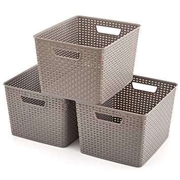 EZOWare Large Gray Plastic Knit Shelf Storage Organizer Baskets Perfect for Storing Small Household Items - Pack of 3