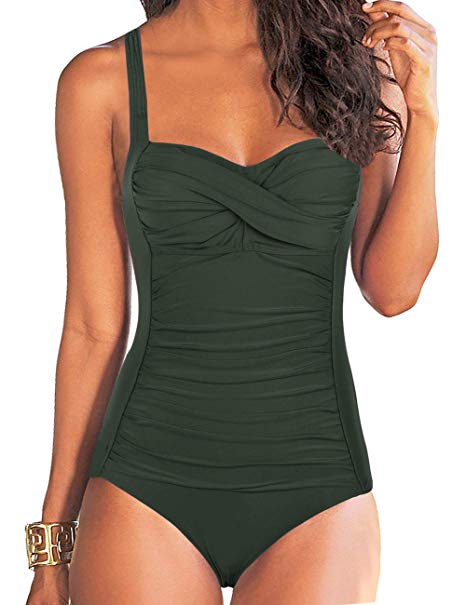 Hilor Women's One Piece Swimsuits Front Twist Bathing Suits Tummy Control Swimwear Retro Inspired Monokini