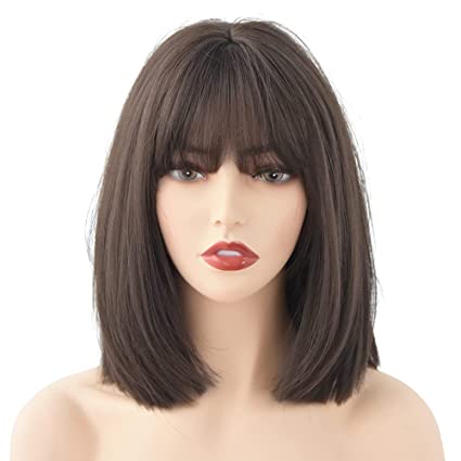 Short Straight Bob Wigs with Air Bangs Ombre Synthetic Colorful Cosplay Daily Party Wig for Women（14inch,Cold Brown）