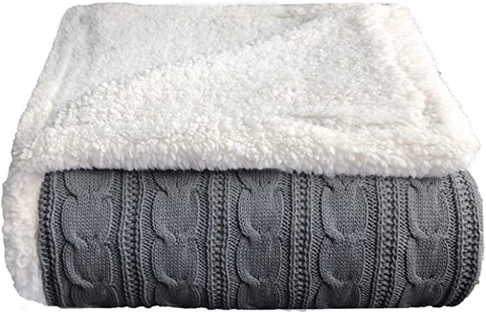 JINGCHENG Cable Knit Sherpa Throw Reversible Warm Cozy Sweater Blanket for Bed Couch All Season Use (Dark Grey, Throw(50"x60"))