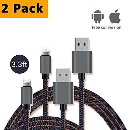 ZAMO ZAMOAND.IOS 3.3' Denim Micro USB Cables for Android and IOS Devices Fast-Charging and Data Transmission 2-in-1 with Exquisite Accessory Case – 2 Count
