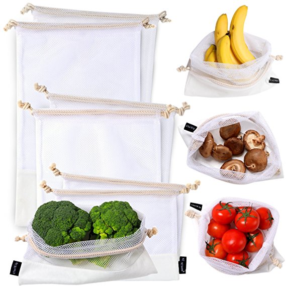 Zero Waste Blended Bamboo Mesh Produce Bags with Double Drawstring | Extra Strong, Washable, See Through with Tare Weight Labels | Reusable Food Storage Bags | Best for Fruit, Vegetable, Toy Storage