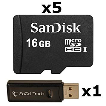 5 PACK - SanDisk 16GB MicroSD HC Memory Card SDSDQAB-016G (Bulk Packaging) LOT OF 5 with USB 2.0 MicoSD & SD Memory Card Reader