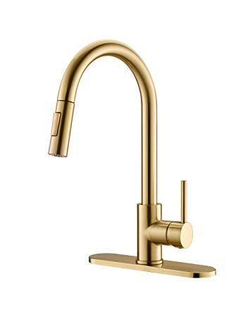 Havin HV601 Single Handle Brass Material Kitchen Sink Faucet with Pull Out Sprayer,Brushed Gold Color,Fit for 1 Hole and 3 Holes Deck Mount, Kitchen Faucet with Pull Down Sprayer