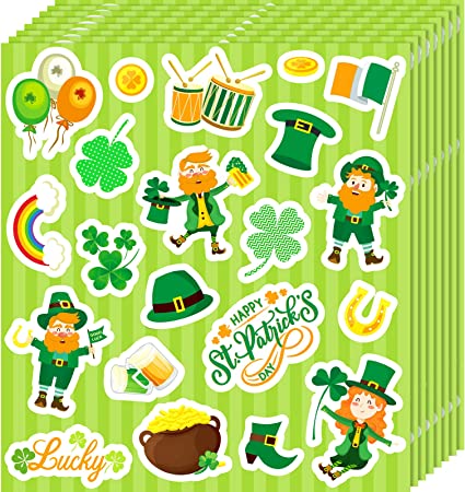 Zonon 168 Pieces St. Patrick's Day Stickers Irish Shamrock Decal Stickers Shamrock Hat Beer Stickers Green PVC Self Adhesive Clover Label for Home Party Favors Decorations