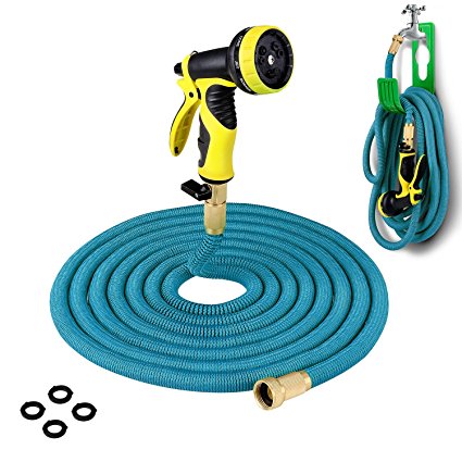 PLUSINNO Expandable Garden Water Hose FULL SET, Heavy Duty Expanding Hose Pipe with Shut Off Valve Solid Brass Connector, Hose Hanger and 9-pattern Spray Nozzle (75 Feet, Blue)