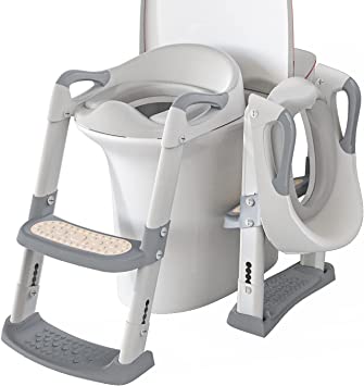 GLAF Toddler Potty Training Seat with Step Stool Ladder for Kids Foldable Toilet 2 in 1 Adjustable Toddler Toilet Training Seat Chair with Comfortable Cushion Anti-Slip Pads for Kids Boys Girls(Grey)