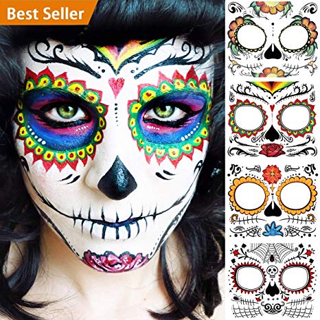 BenRan 4PCS Day Of The Dead/Dia De Los Muertos Costume Mask For Women/Man/Girls/Kids Sugar Skull Temporary Face Tattoos Party Makeup Decorations