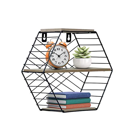 Sorbus Floating Shelves Hexagon Wall Mounted Metal & Rustic Wood Storage for Picture Frames, Home Décor, Great for Living Room, Office, Bedroom, Bathroom, Kitchen, etc (Small Hexagon)