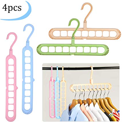 EKKONG 4 Pack Space Saving Hangers, Magic Clothes Hanger, Multi Functional Closet Wardrobe Hanger, Rotate Anti-Skid Hangers, Sturdy Plastic (Beige Pink Blue  Green)