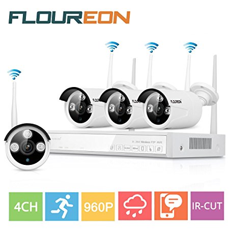 Floureon 4CH Full HD Indoor Outdoor Wireless CCTV 1080P Security Camera System DVR Kit with Four Waterproof WIFI WLAN 1.3MP 960P HD IR Bullet IP Cameras Security Video Recorder NVR System (White)