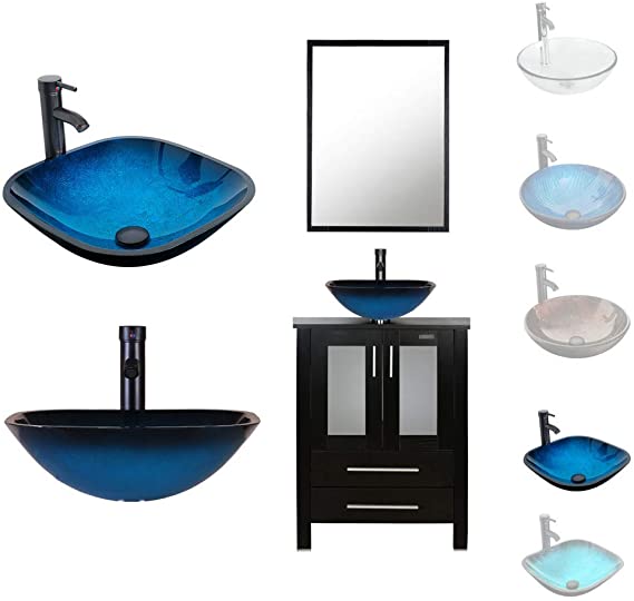 LUCKWIND Bathroom Vanity Vessel Sink Combo – 24-inch Cabinet Stand Mirror Artistic Glass Square Vessel Sink Faucet Drain ORB Single Storage (Espresso - Ocean Blue Glass Vessel)