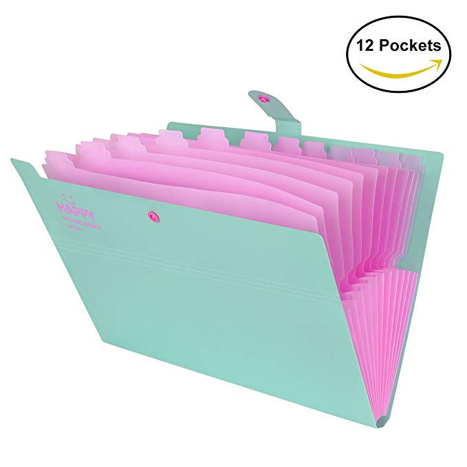 Yigou Expanding File Folders 12 Pockets Accordion File Folder A4 and Letter Size Paper Document Organizer Folders for School Office (Jade)
