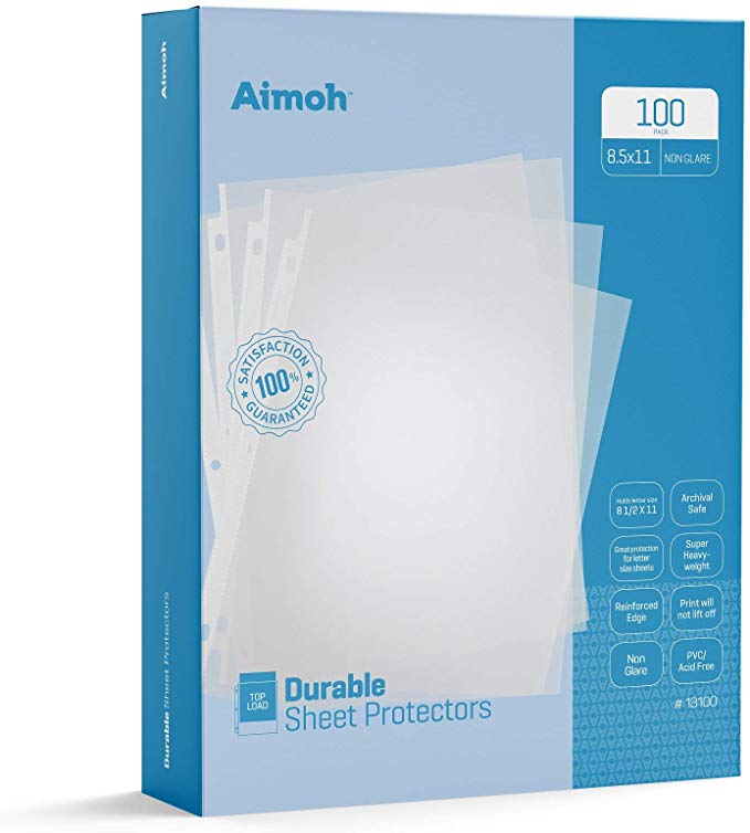 Aimoh Durable Clear Presentation Sheet Protectors 100-Count – Page Size – Fits 8.5 x 11 Paper – Reinforced Edge – 3 Hole Design – 9.25 x 11.25 – Top Load (13101)