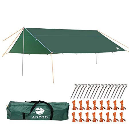Anyoo 13 × 13 Ft Camping Tarp Shelter Lightweight Hammock Rain Fly Waterproof Durable Portable Compact Including Poles Stakes All Purpose Camping Fishing Beach Picnic