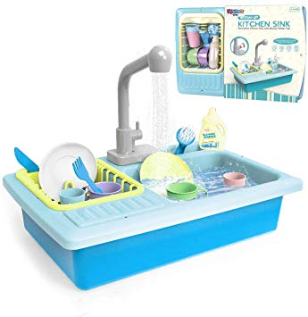 Toy Sink with Running Water and Dishes for Kids - 16” Kitchen Sink Recycles Water Through Working Faucet - Playset Includes Cups, Glasses, Plates, Knife, Fork, Brush, Soap, Dish Rack for Pretend Play