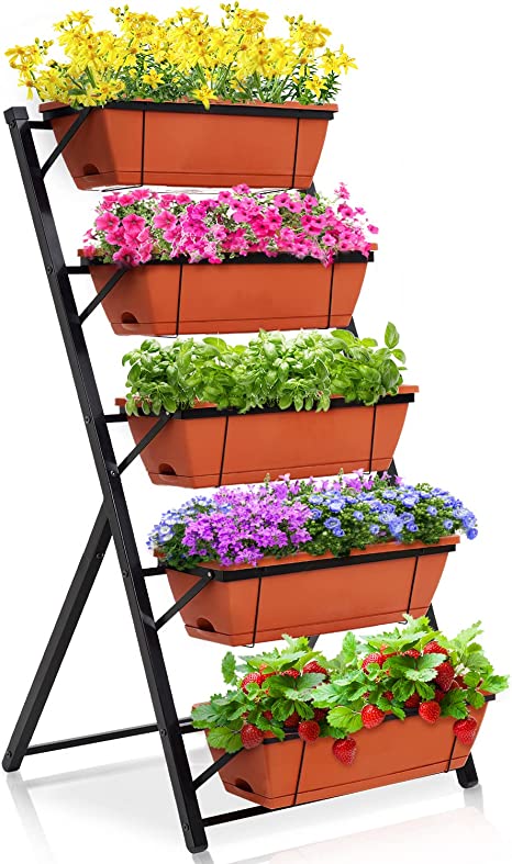 KING BIRD 4ft Vertical Raised Garden Bed 5 Tiers Planter Box Freestanding Garden Planter Outdoor and Indoor with Removable Tray for Growing Vegetables Herbs Flowers on Patio Balcony(Brick Red)