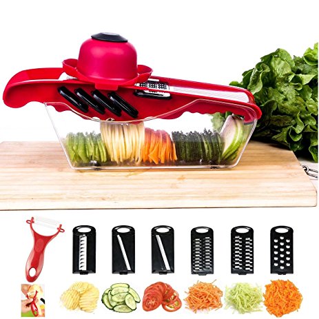 Mandoline Vegetable Slicer Cutter Chopper,JungleArrow 6 in 1 Interchangeable Blades with Peeler with Food Catch Tray