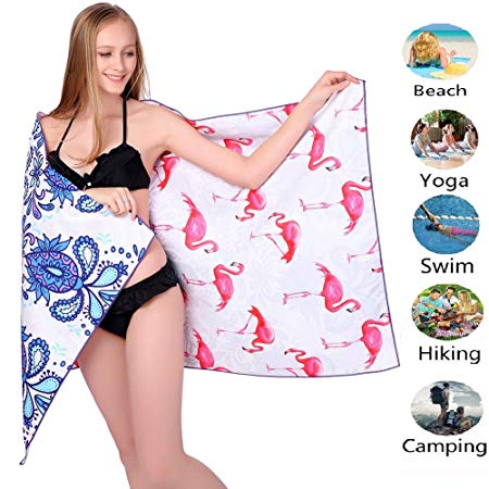 Microfiber Sand Free Beach Towel Blanket-Quick Fast Dry Super Absorbent Antibacterial Lightweight Thin Towel for Travel Pool Swimming Bath Camping Yoga Gym Sports Idea Paisley Mandala with Flamingo