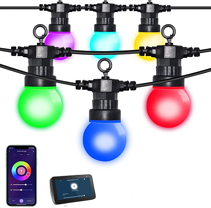 AIRIVO Outdoor RGB String Lights, 33 Ft 12 Bulbs Patio Smart LED String Lights Work with App & Alexa,Color Changing Waterproof Dimmable Indoor Café Globe Light for Garden, Backyard,Holidays, Party