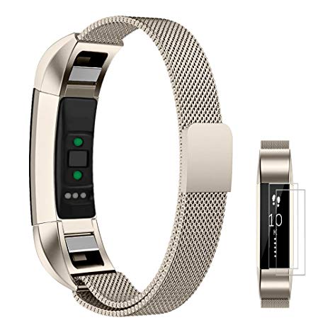 Fitbit Alta Metal Bands, UMTELE Stainless Steel Milanese Loop Replacement Strap Fitbit Alta, Alta HR(Including Screen Protectors)